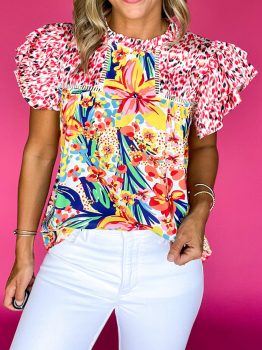 Red Floral Mixed Print Ruffle Cap Sleeve Blouse