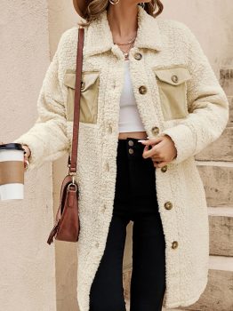 Beige Contrast Flap Pocket Single Breasted Teddy Coat