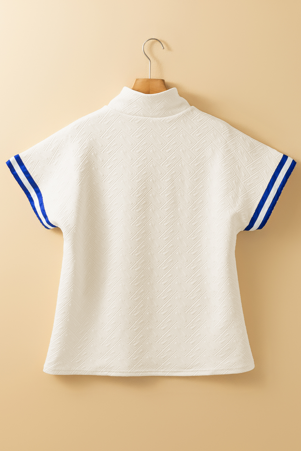 Beige Preppy Striped Trim Textured Quarter Zipper Colorblock Short Sleeve Top - Image 4