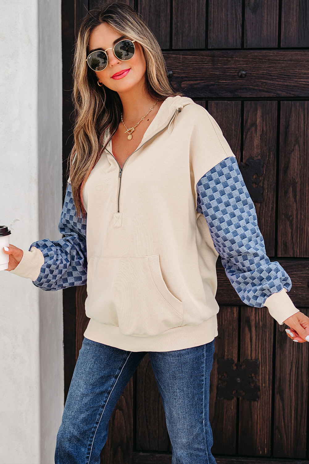 Parchment Checkered Patchwork Kangaroo Pocket Half Zipper Hoodie - Image 10