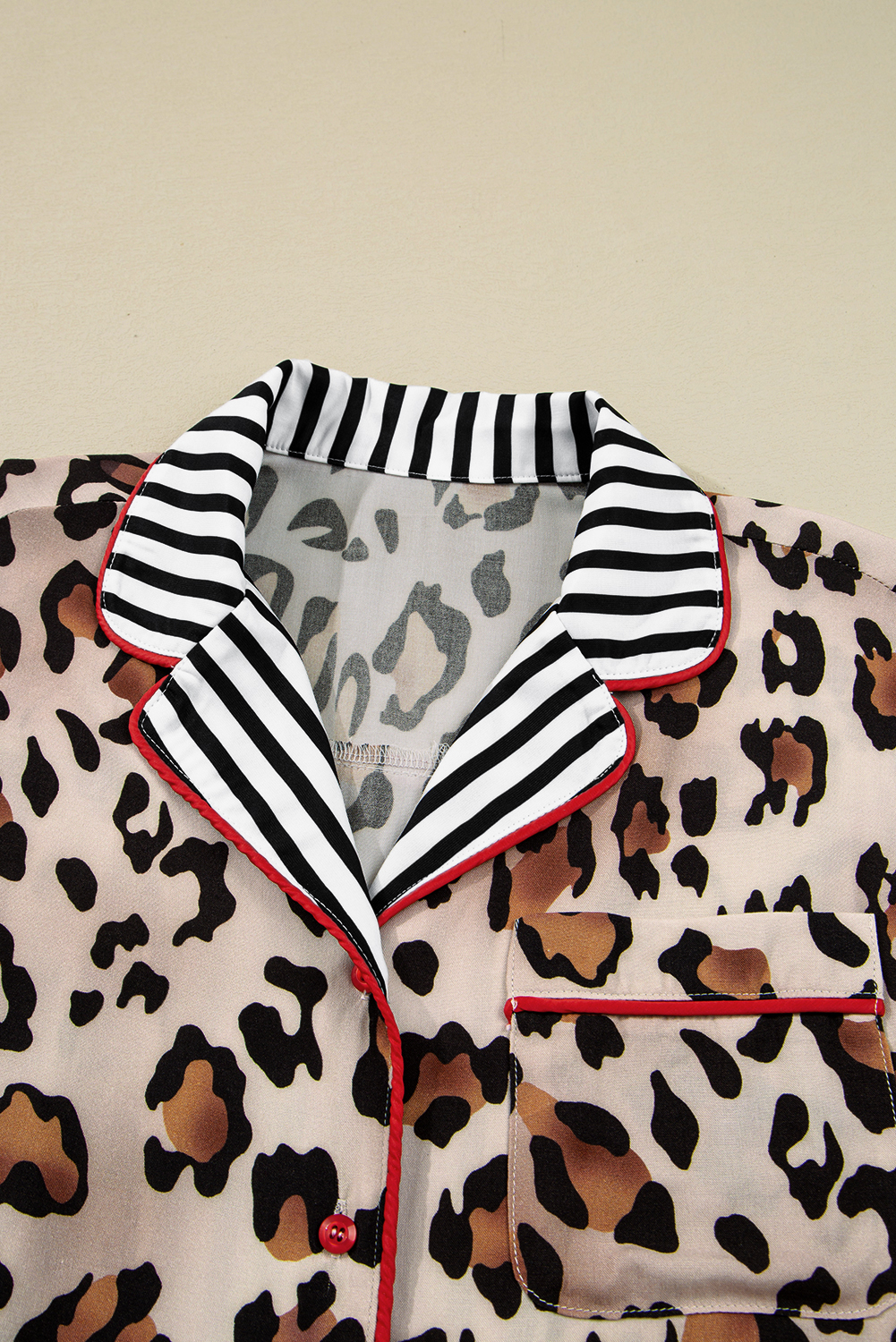 Khaki Leopard Print Colorblock Striped Edge Shirt and Pants Pajama Set - Image 7