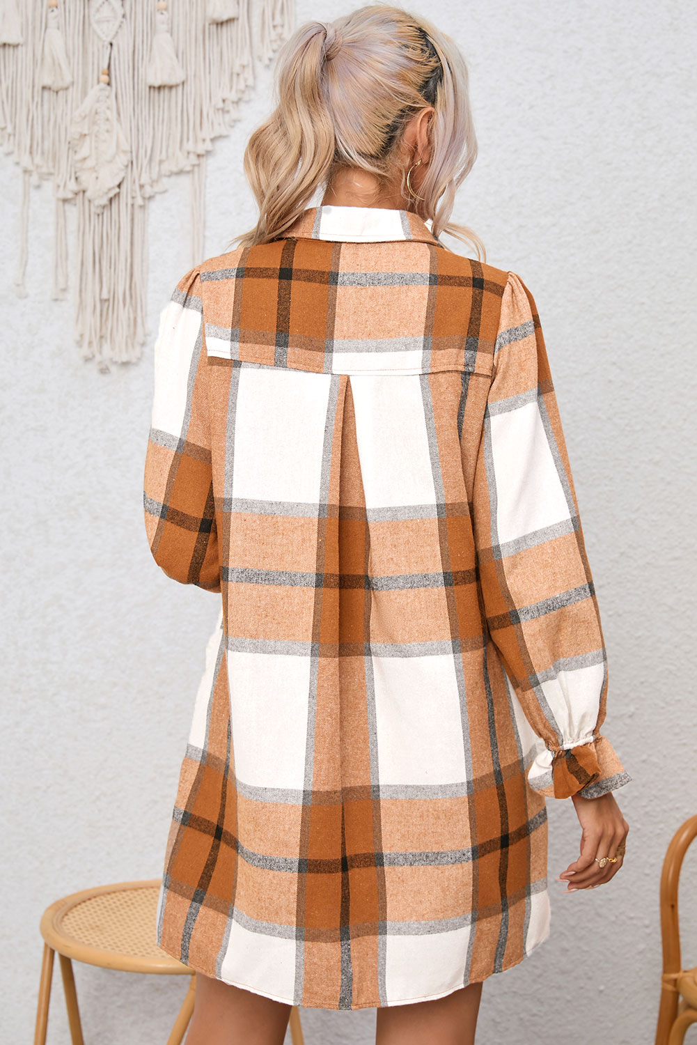Khaki Plaid Pattern Collared Neck Ruffled Sleeve Shirt Dress - Image 2