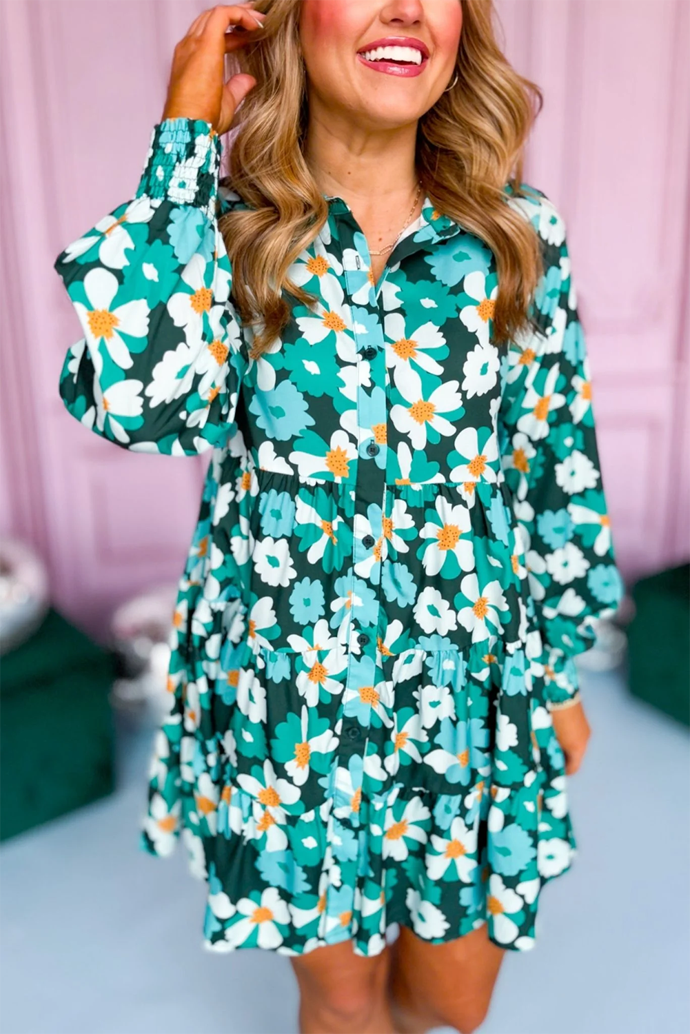 Green Floral Tiered Long Puff Sleeve Shirt Dress - Image 7