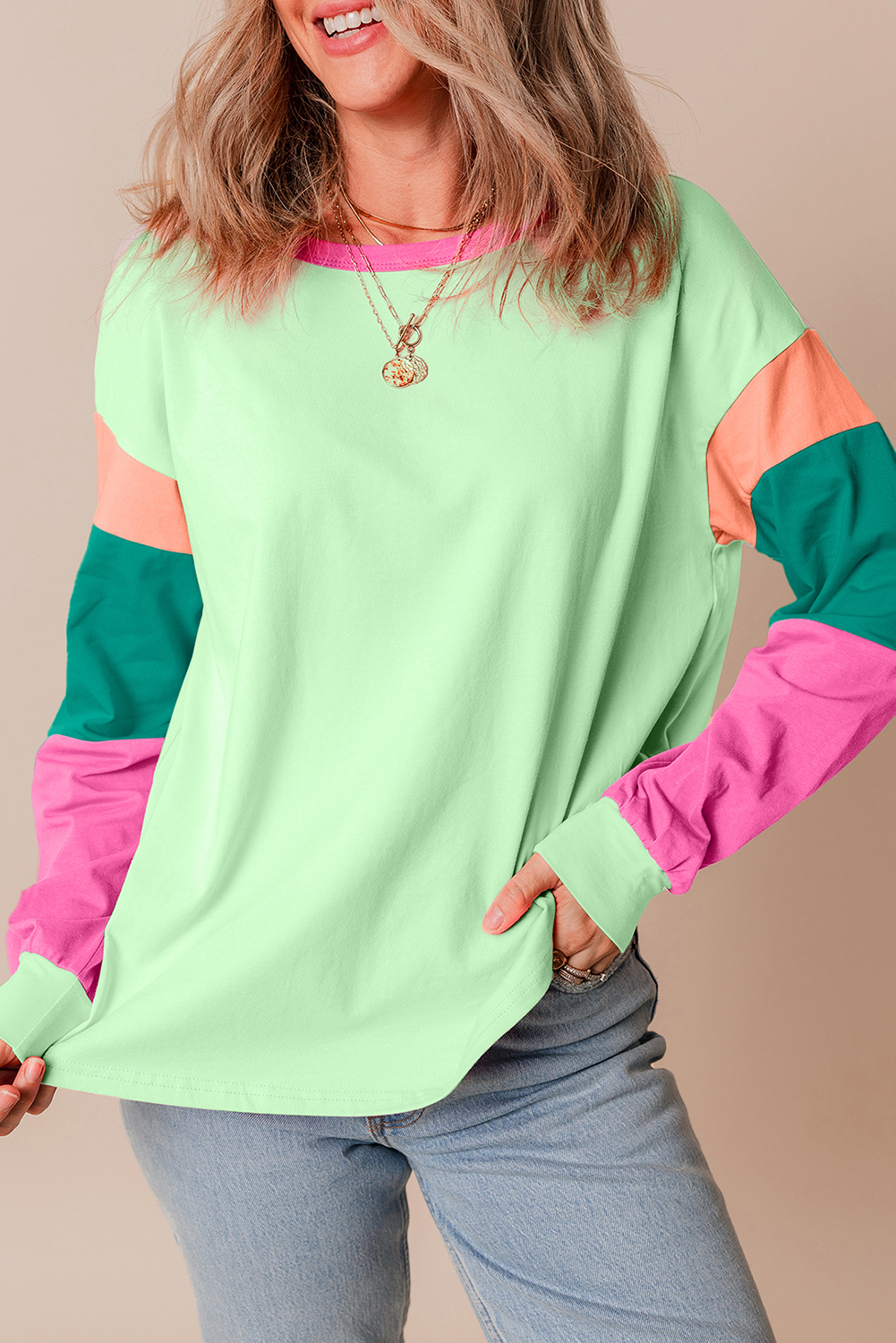 Green Colorblock Patchwork Long Sleeve Loose Top - Image 7