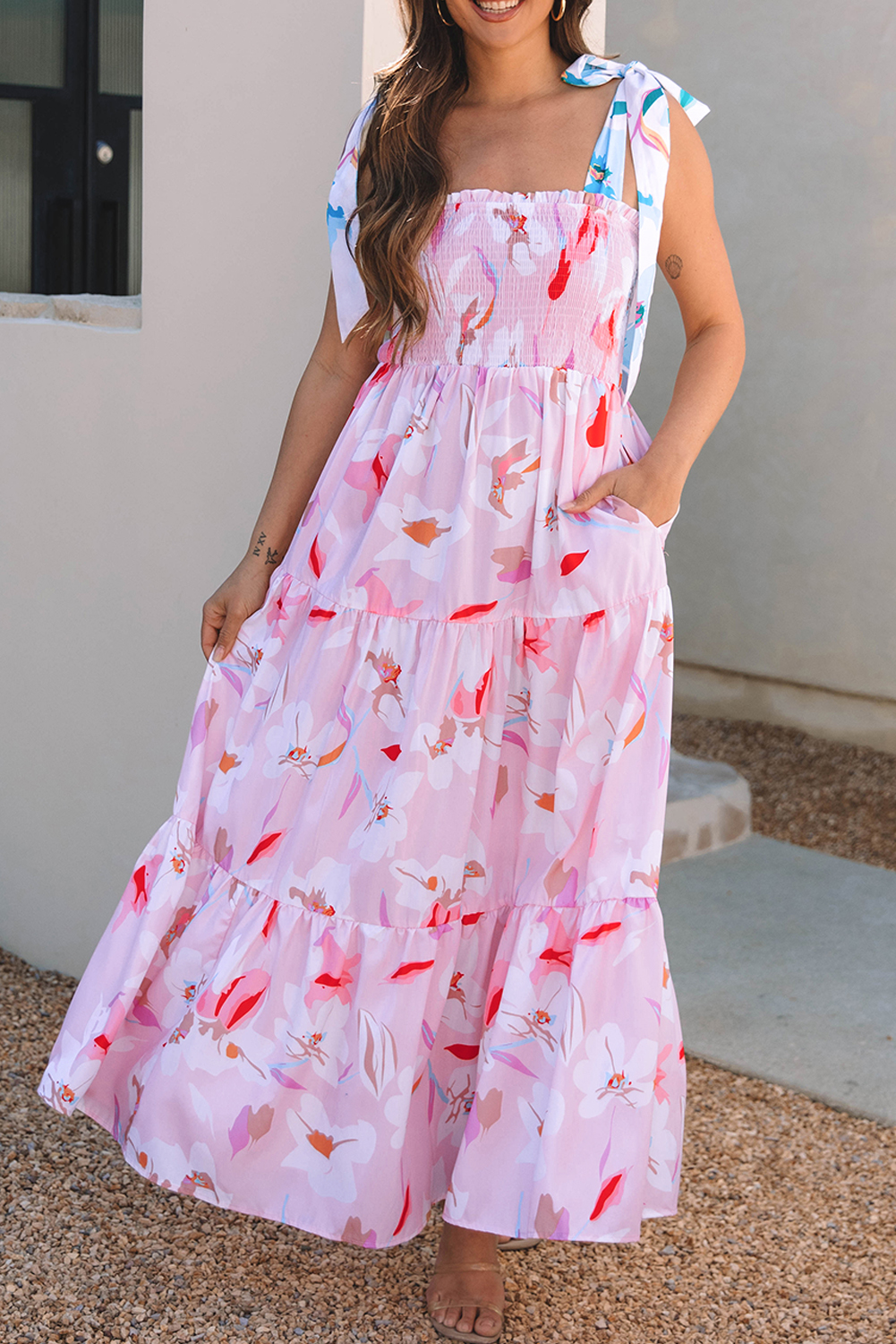 Pink Floral Print Knotted Shoulder Smocked Maxi Dress - Image 7