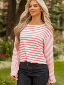 Pink Stripe Textured Contrast Dropped Long Sleeve Top
