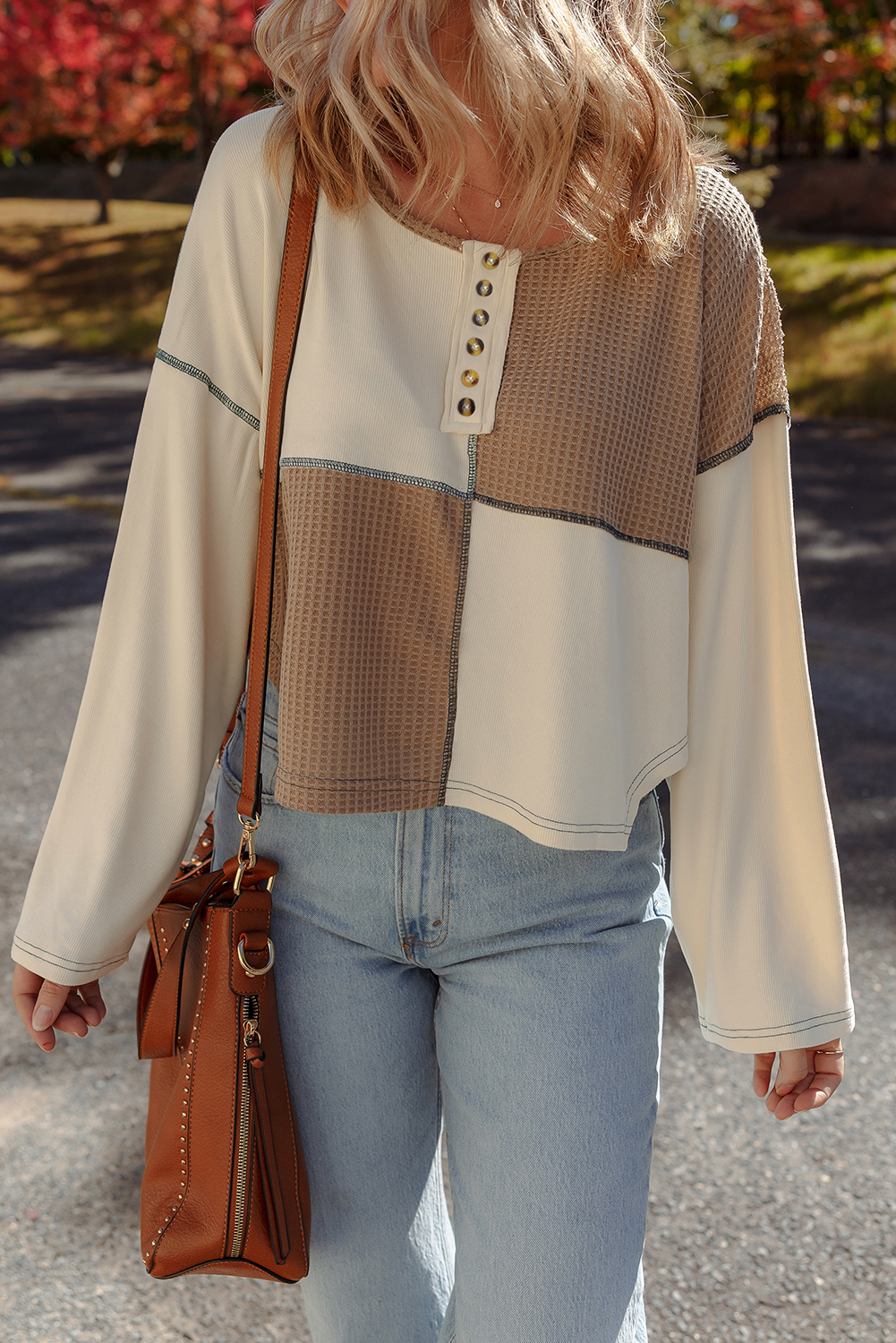 Beige Color Block Waffle Knit Stitch Detail Long Sleeve Top - Image 5