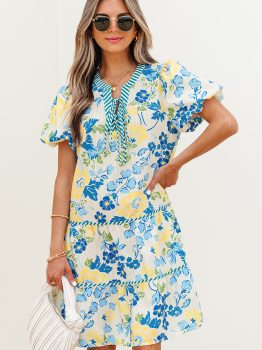 Blue Floral Striped Trim Puff Short Sleeve Dress