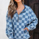 Sky Blue Checkerboard Zipped Neck Kangaroo Pocket Denim Hoodie