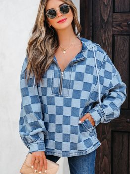 Sky Blue Checkerboard Zipped Neck Kangaroo Pocket Denim Hoodie