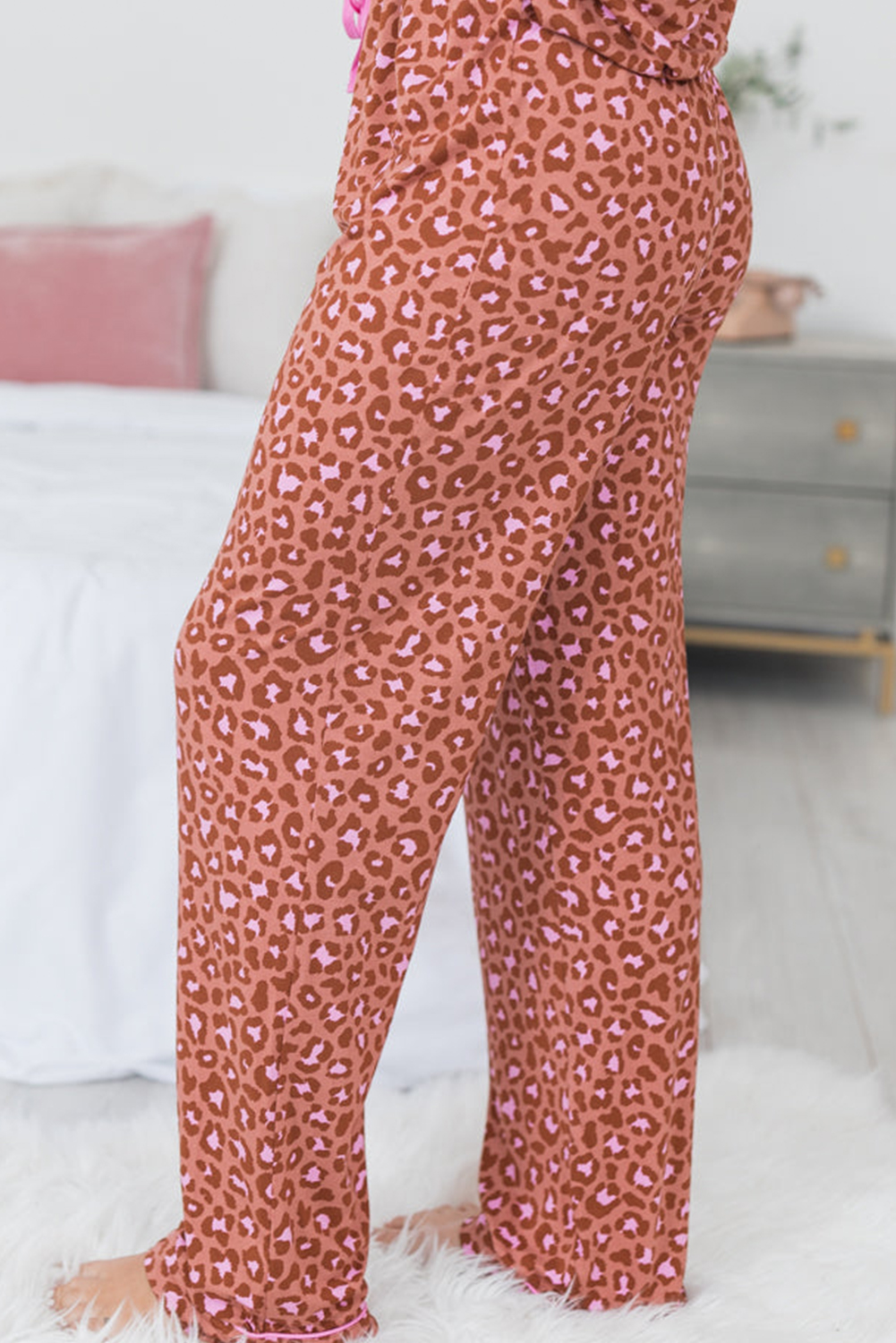 Brown Leopard Print Short Sleeve Shirt and Pants Pajamas Set - Image 2