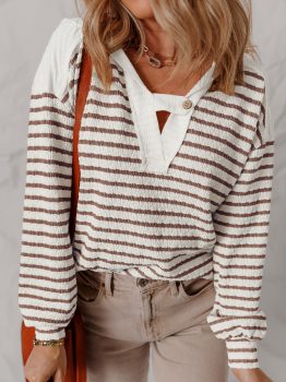 Khaki Stripe Textured Hooded V Neck Casual Long Sleeve Top