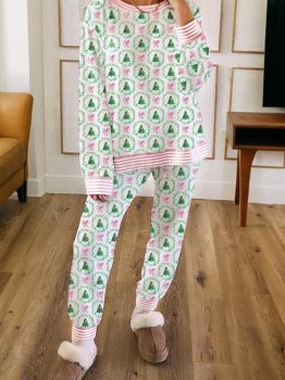 Green Bow Christmas Tree Print Contrast Striped Banding 2pcs Lounge Set
