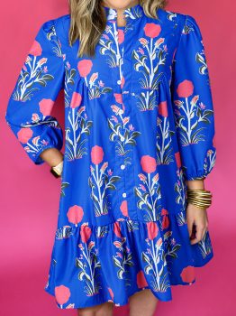 Blue Floral Print Button Detail 3/4 Puff Sleeve Ruffle Hem Dress