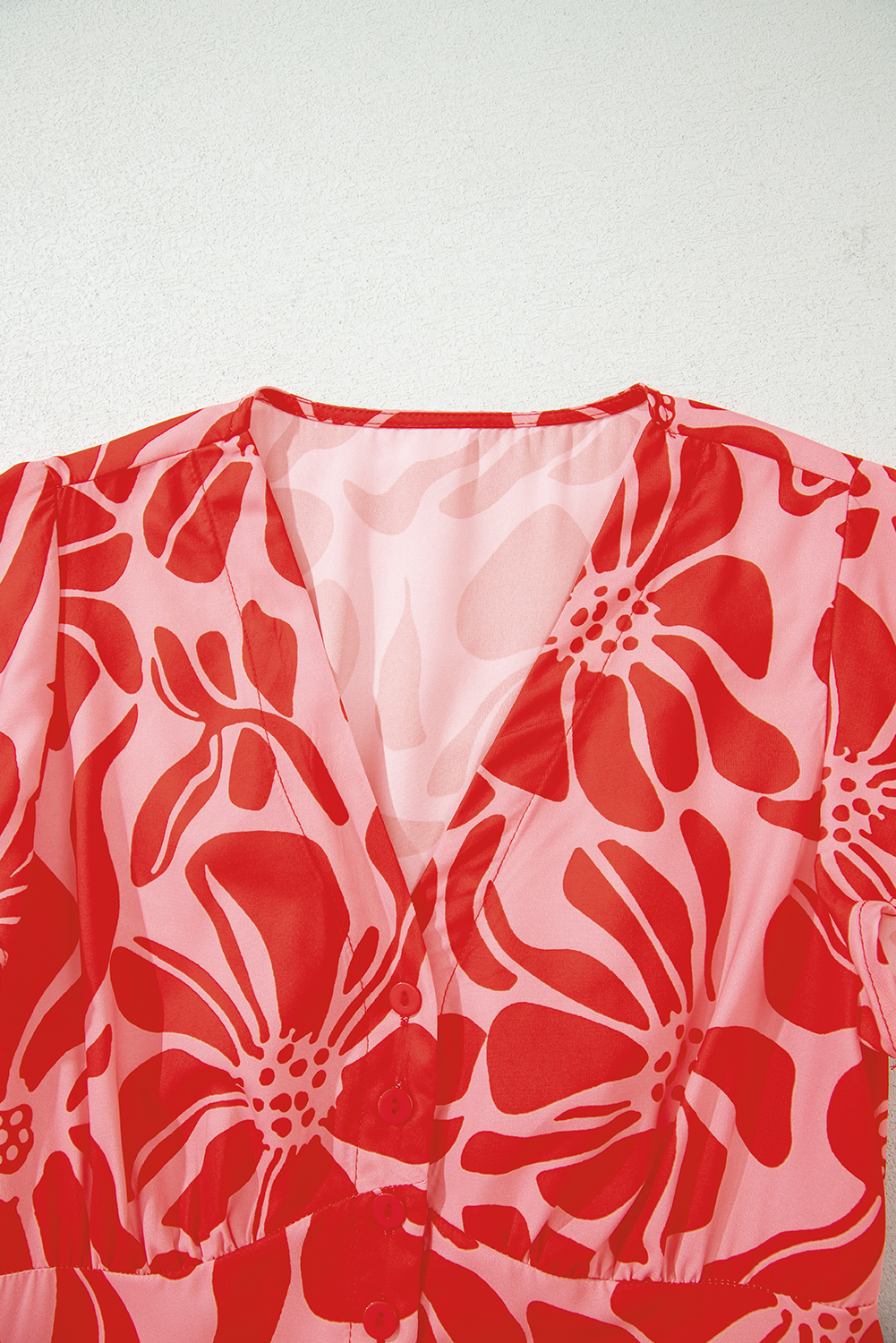 Red Boho Floral Short Sleeve V Neck Buttoned Shirred Waist Long Dress - Image 8