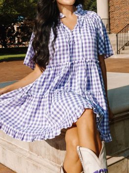 Lavendula Plaid Ruffle Wide Short Sleeve Babydoll Mini Dress