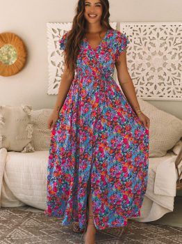 Blue Floral Print V Neck Wrap Split Maxi Dress