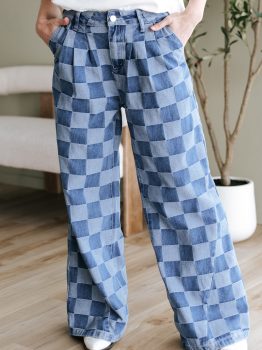 Dusk Blue Checkered Denim Wide Leg Jeans