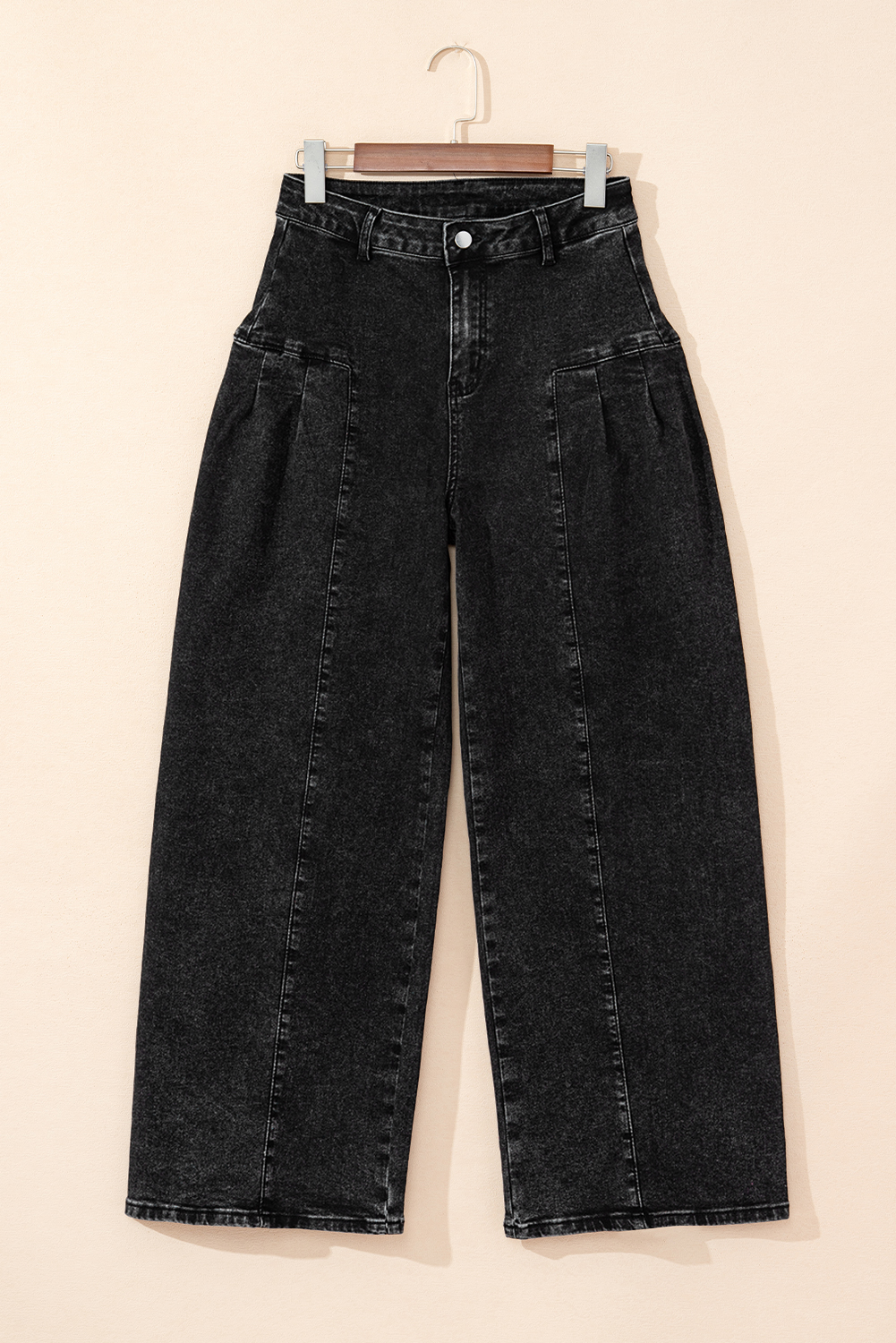 Dark Grey Pleated Wide Leg Mineral Wash Denim Pants - Image 6