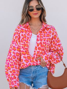 Rose Leopard Printed Button Up Loose Shirt