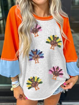 Light Grey Thanksgiving Turkey Sequin Graphic Color Block Long Raglan Sleeve Top