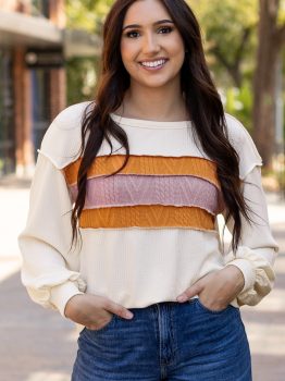 White Corded Exposed Seam Knit Patchwork Drop Sleeve Top