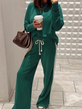 Sea Green Solid Color Pullover Top Varsity Stripe Detail Loose Drawstring Pants Set