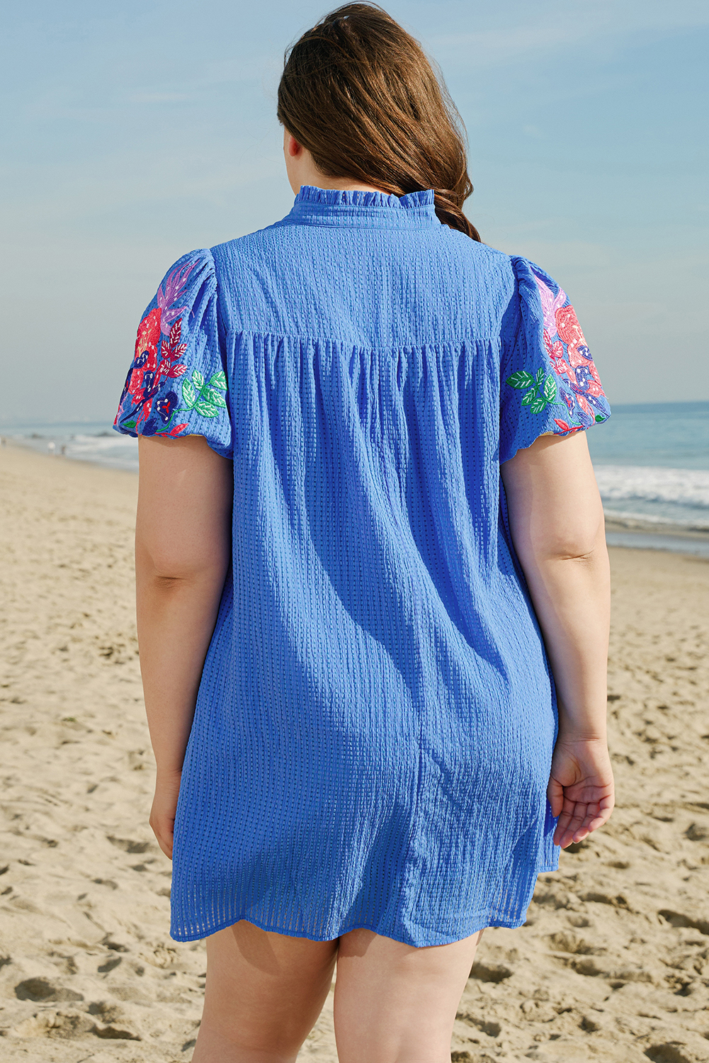 Sky Blue Plus Size Floral Embroidered Puff Sleeve Gingham Mini Dress - Image 2