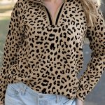 Parchment Leopard Polo Collar V Neck Pullover Top