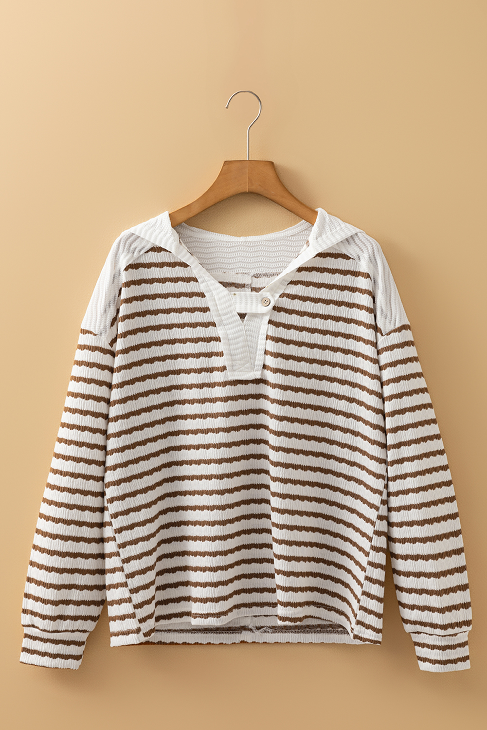 Khaki Stripe Textured Hooded V Neck Casual Long Sleeve Top - Image 3