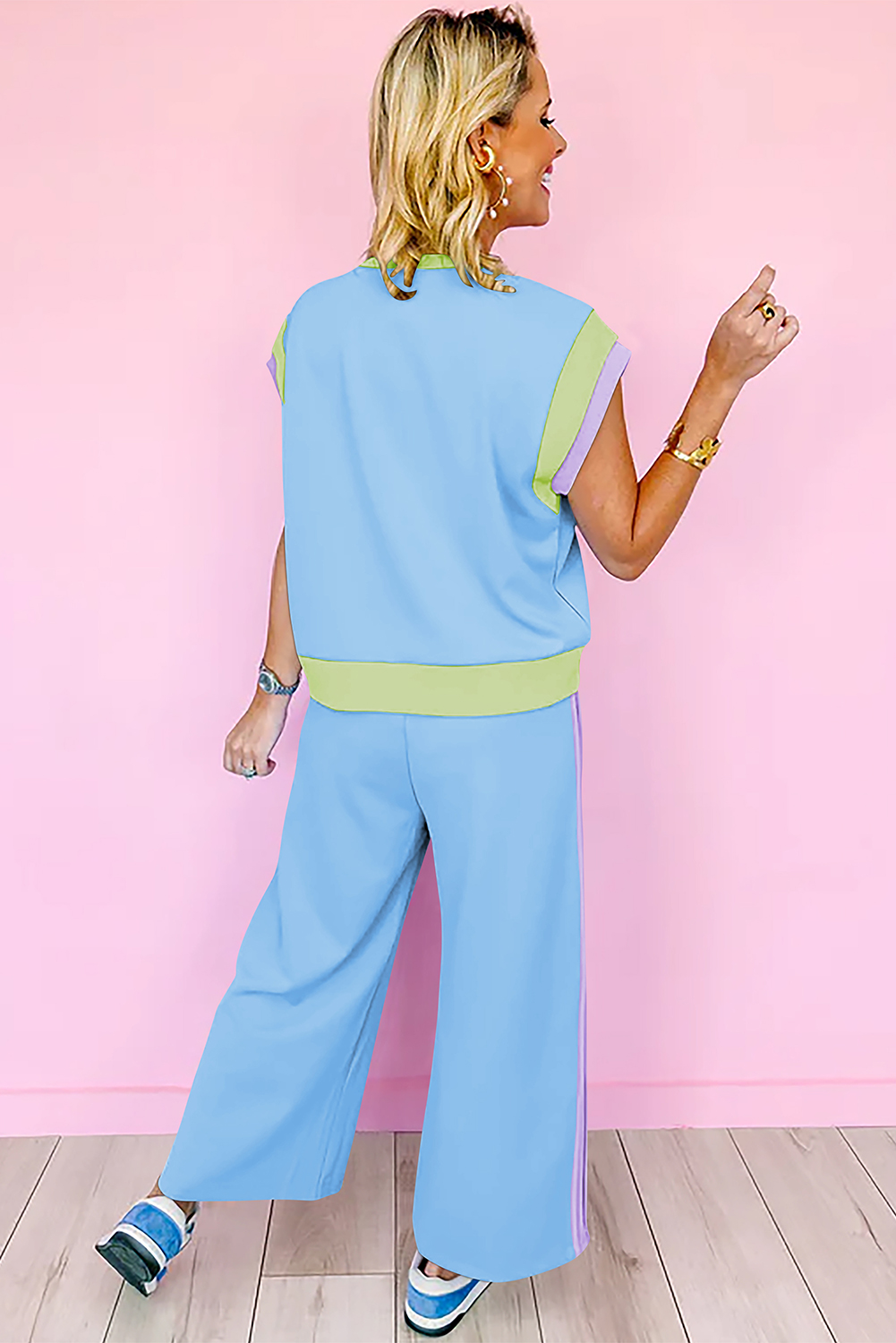 Sky Blue Color Block Detail Casual Two-piece Outfit - Image 2