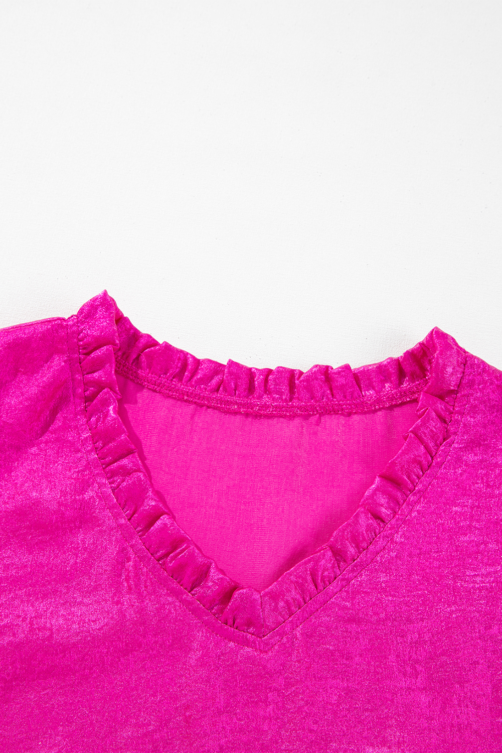 Rose Red Metallic Frilled V Neck Puff Sleeve Babydoll Blouse - Image 6