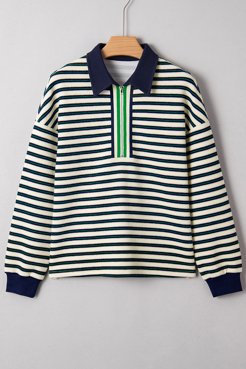 Navy Blue Striped Print Contrast Collar Zip V Neck Long Sleeve Top - Image 2