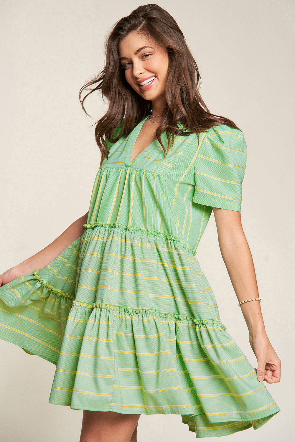 Green Stripe V Neck Short Sleeve Frilled Detail A-line Dress - Image 4