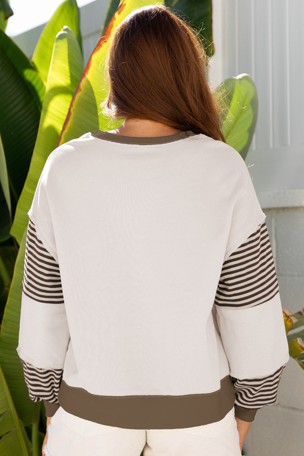 Parchment Striped Colorblock Patchwork Drop Shoulder Sweatshirt - Image 2