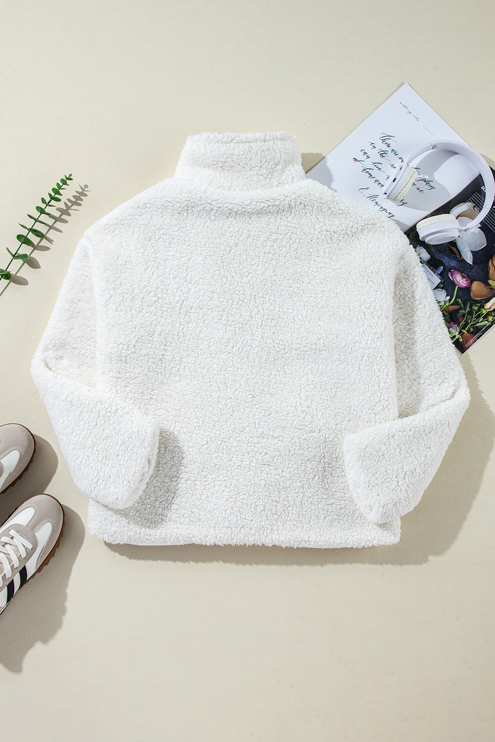 Beige Faux Fur Button Pocketed Lapel Collar Jacket - Image 8