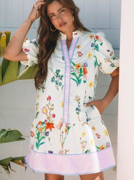 White Floral Print Contrast Striped Patchwork Short Puff Sleeve Dress