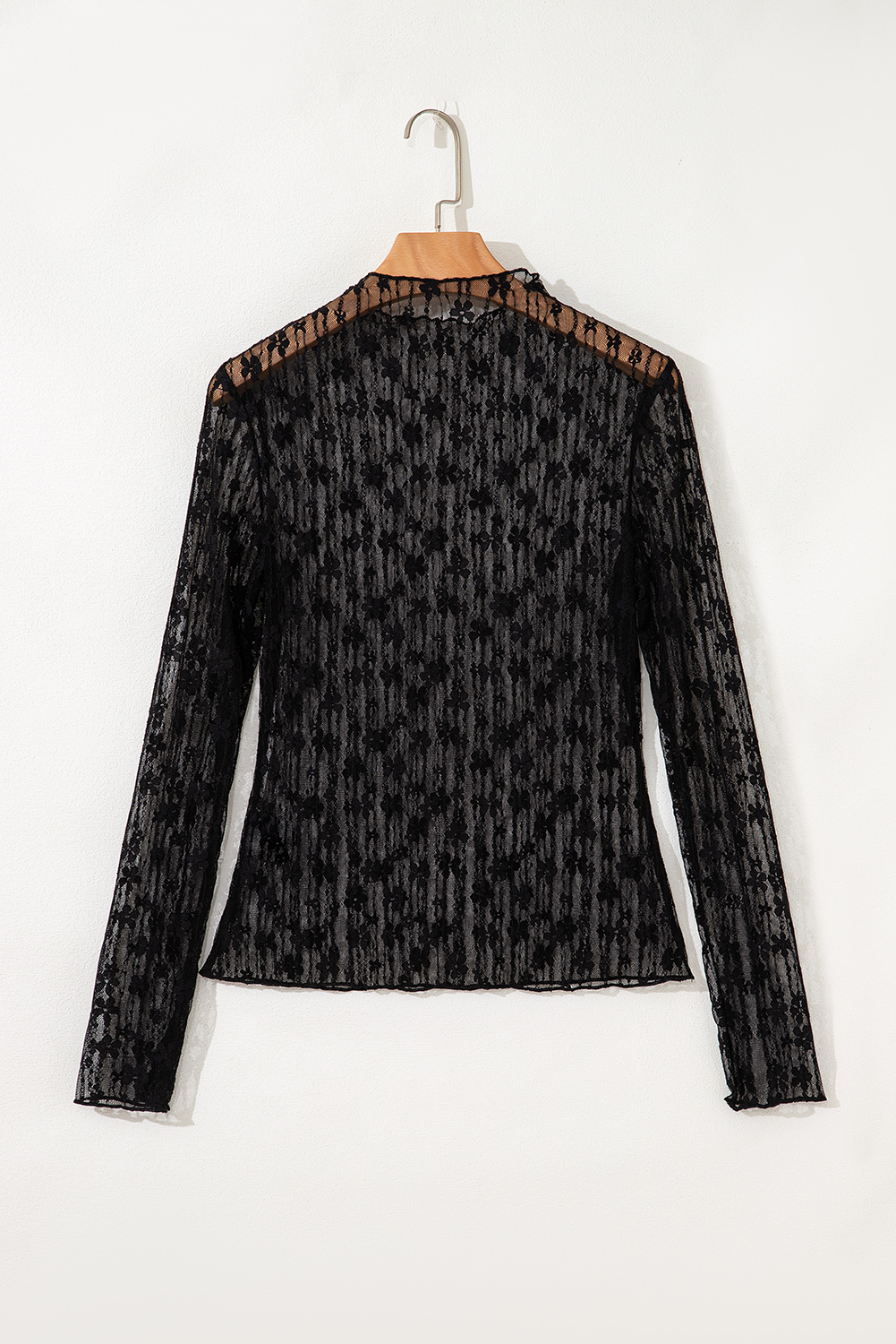 Black Sheer Floral Lace Long Sleeve Slim Fit Top - Image 8
