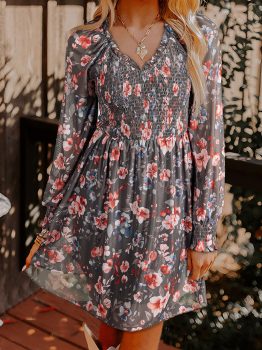 Brown Frilly Smocked Bodice Floral Mesh Long Sleeve Mini Dress