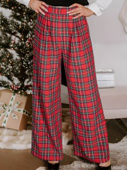 Red Festive Plaid Wide Leg Pull On Pants