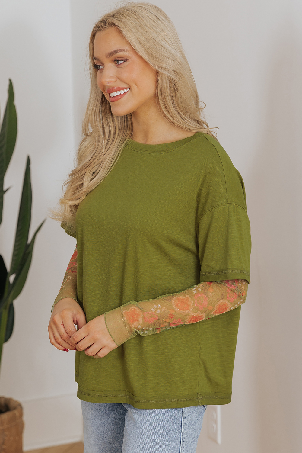 Fern Green Faux Two Piece Floral Long Sleeve Patchwork Tee - Image 5