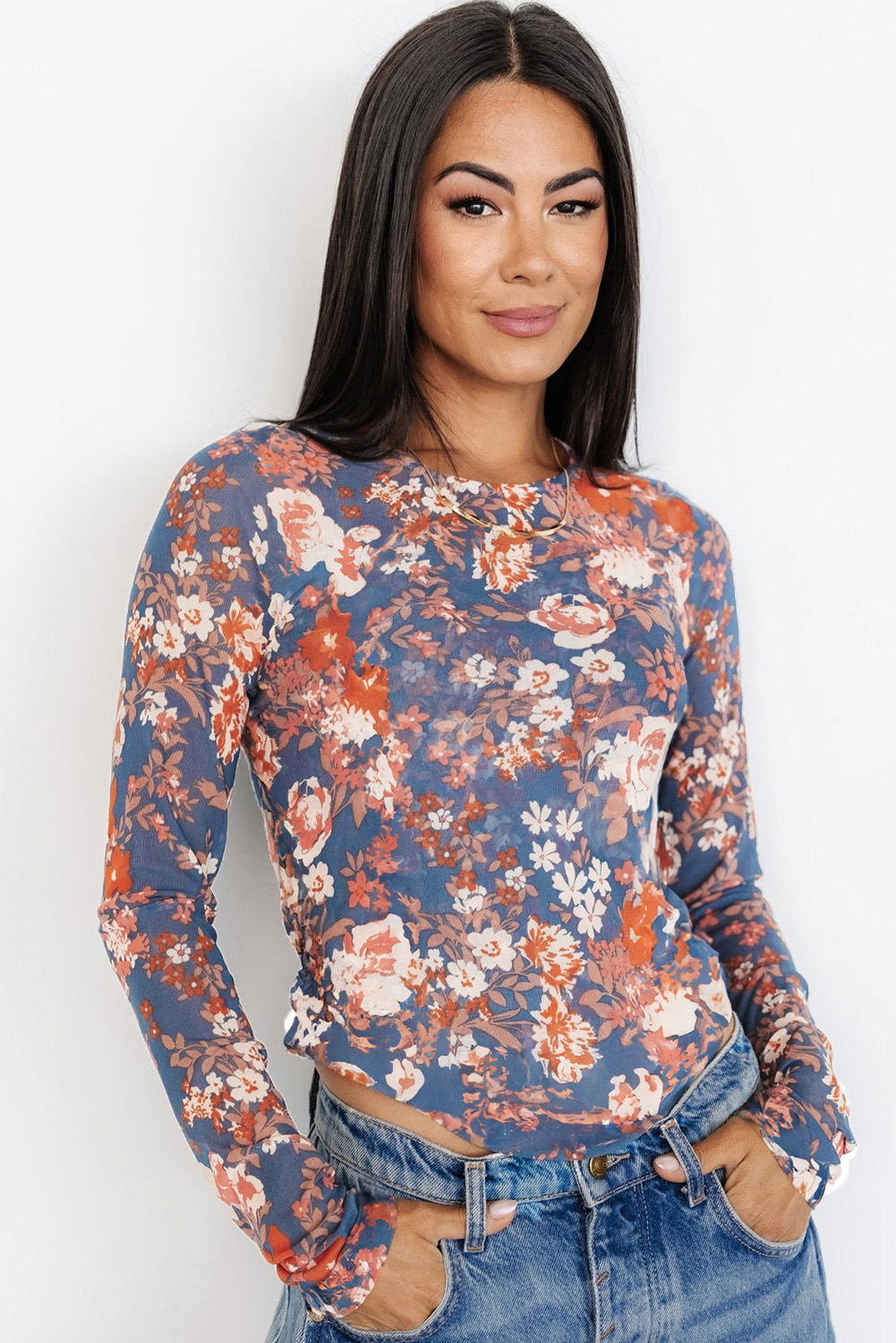 Orchid Petal Floral Print Mesh Fitted Long Sleeve Top - Image 6