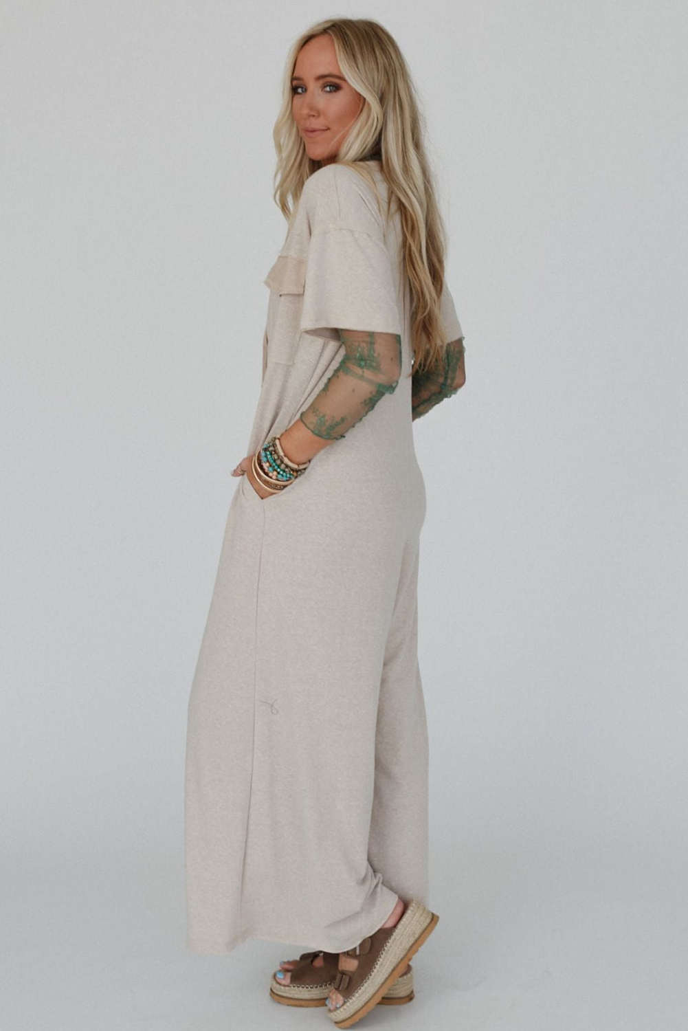 Beige Half Placket Chest Pockets Short Sleeve Wide Leg Jumpsuit - Image 5