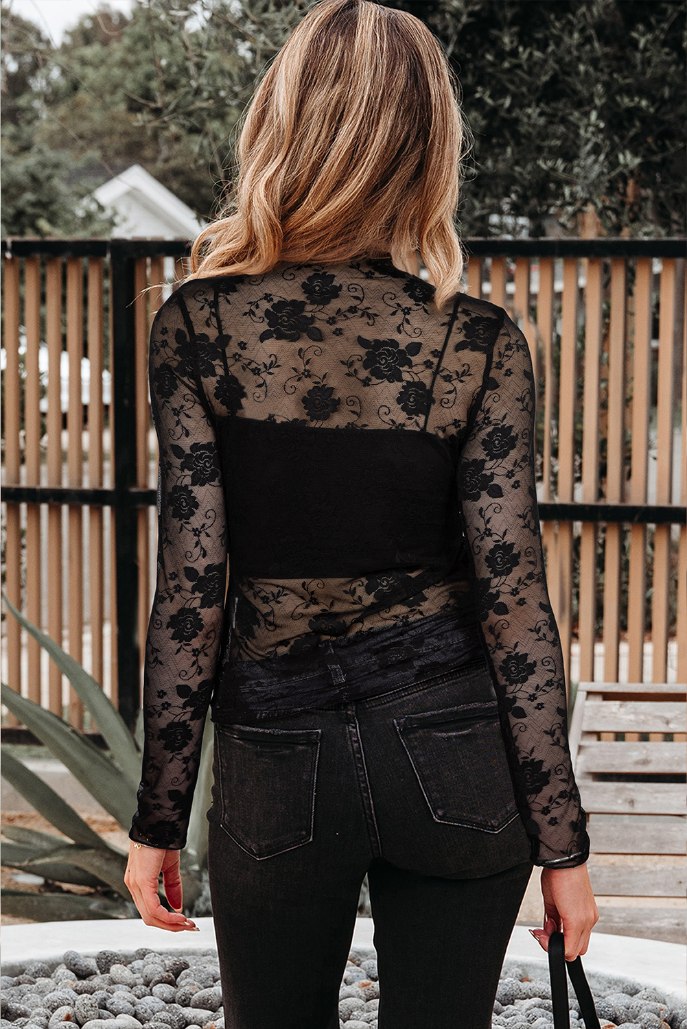 Black Sheer Floral Lace Mesh Mock Neck Long Sleeve Top - Image 2
