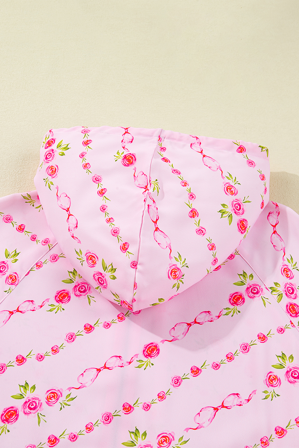 Pink Floral Print Half Zip Kangaroo Pouch Drawstring Hoodie - Image 6