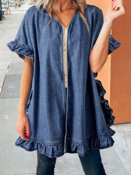 Dusk Blue Chambray Ruffle Hem Half Sleeve Open Loose Kimono