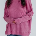 Bright Pink Waffle Knit Patchwork Long Sleeve Loose Top