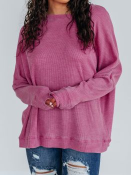 Bright Pink Waffle Knit Patchwork Long Sleeve Loose Top