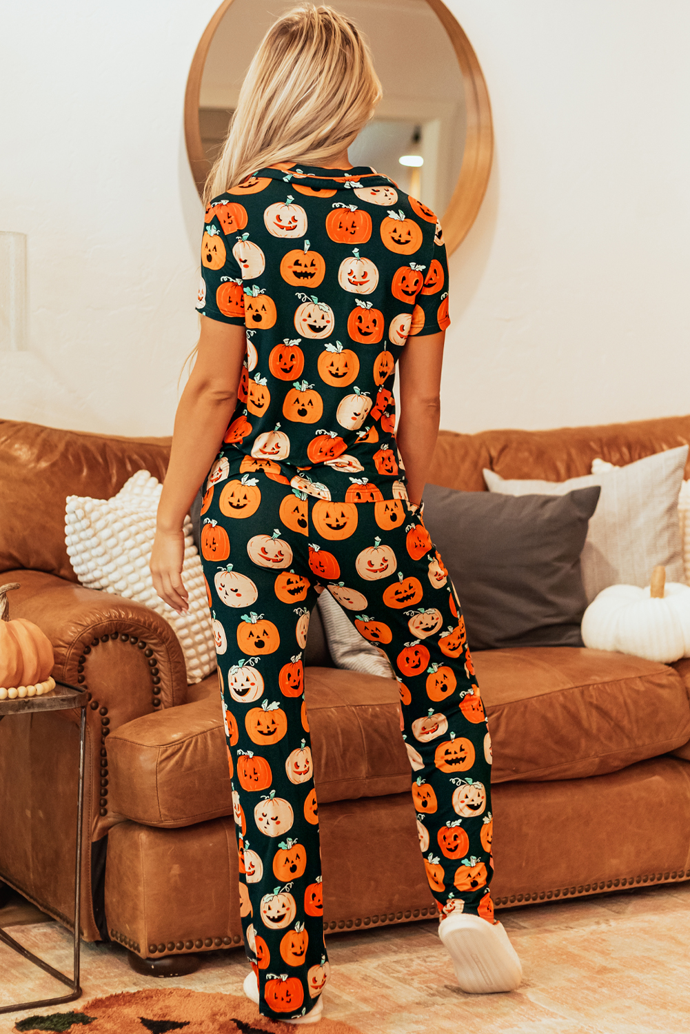 Orange Halloween Pattern Short Sleeve Shirt Pajama Set - Image 2