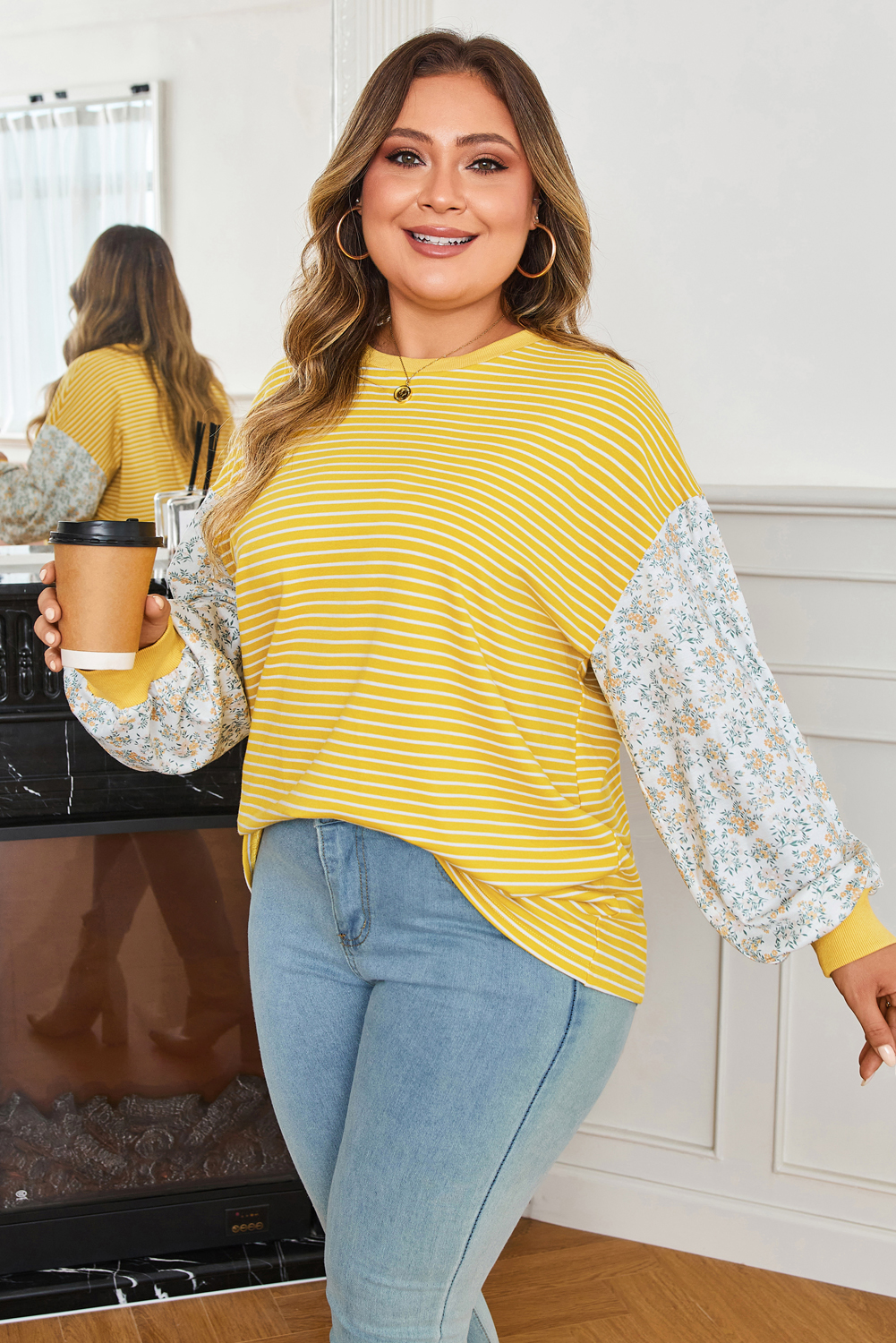 Yellow Stripe Striped Contrast Floral Sleeve Patchwork Plus Size Loose Top - Image 4